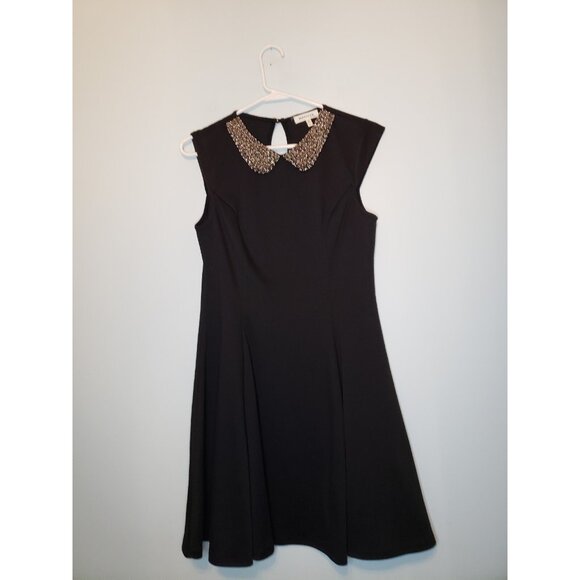 Monteau Dresses & Skirts - Monteau Womens Sz L Dress Beaded Collar Black Cap Sleeve A Line Knee Length